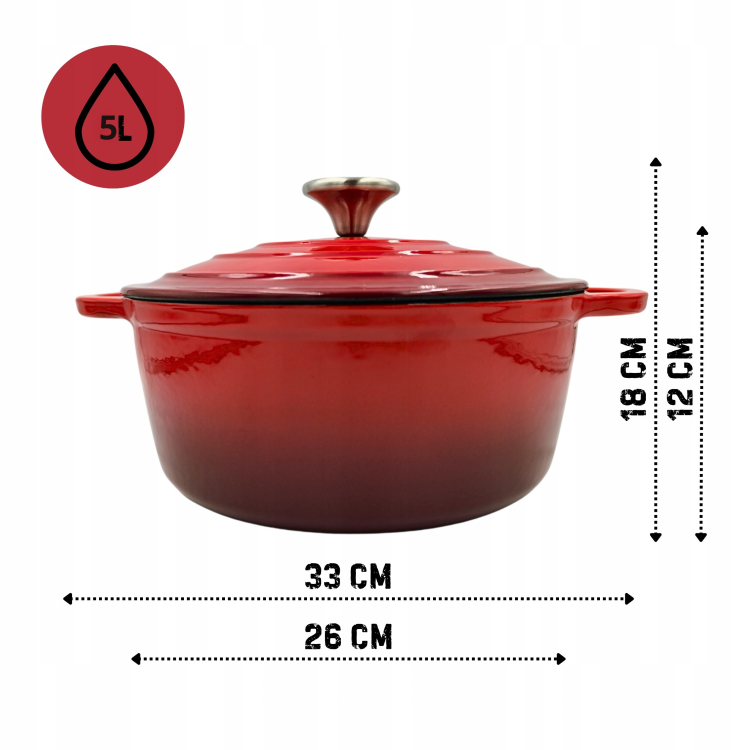 Garnek żeliwny 5l emaliowany czerwony 26cm