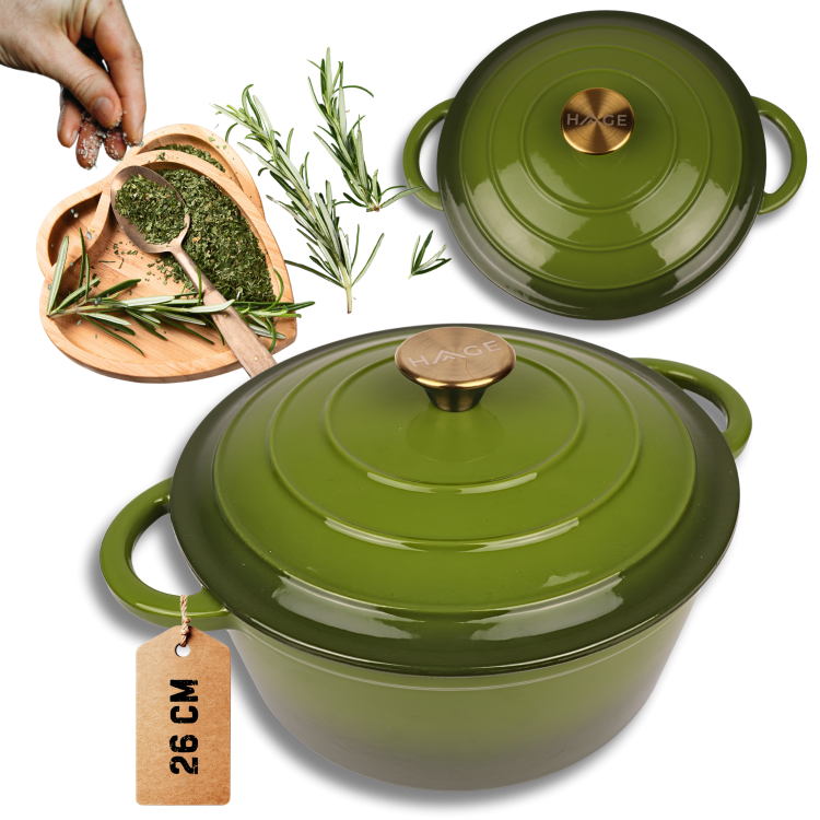 Garnek żeliwny 5l emaliowany oliwkowa zieleń 26 cm