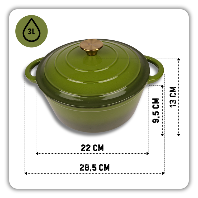 Garnek żeliwny 3l emaliowany oliwkowa zieleń 22 cm