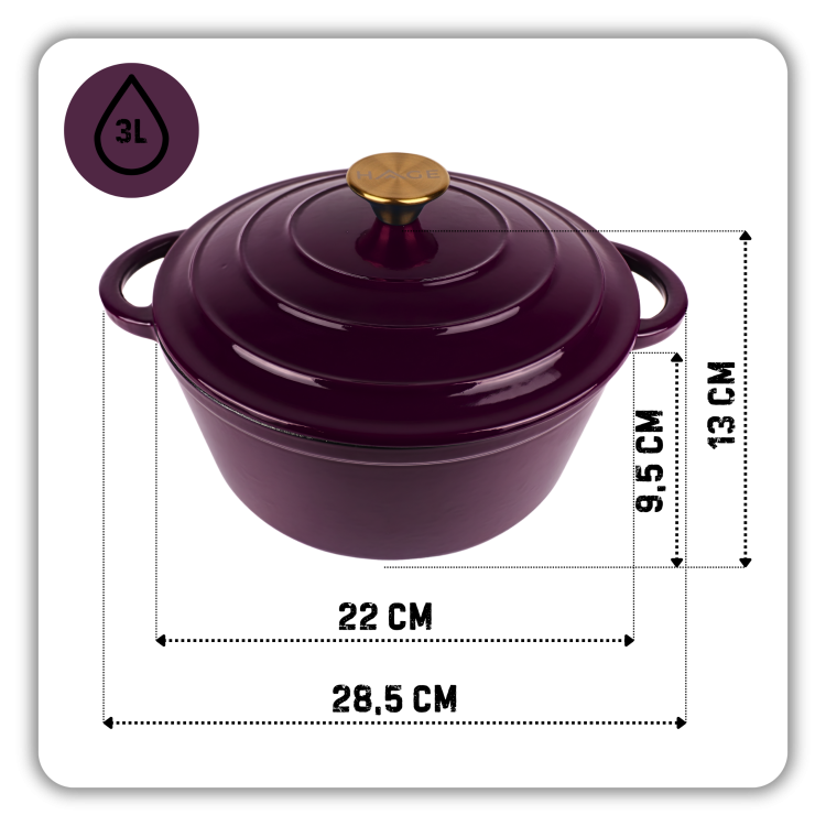 Garnek żeliwny emaliowany 3l bakłażanowy 22 cm