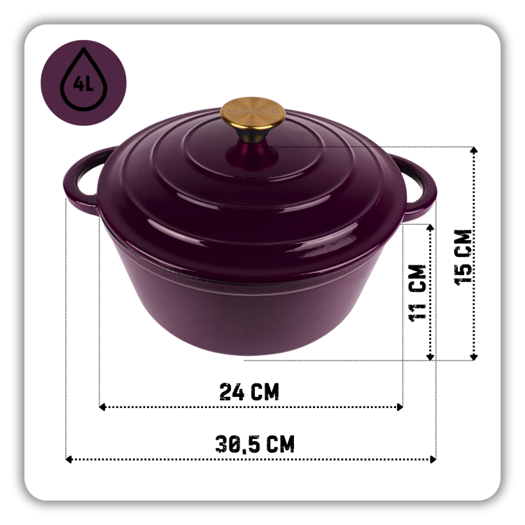 Garnek żeliwny emaliowany 4l bakłażanowy 24 cm