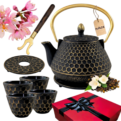 CZAJNIK ŻELIWNY EMALIOWANY PLASTER MIODU 0,9L Z 4 CZARKAMI | ZAPARZACZ DO HERBATY