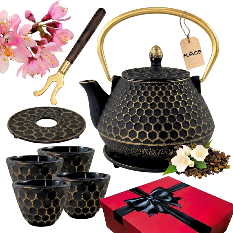 CZAJNIK ŻELIWNY EMALIOWANY PLASTER MIODU 0,9L Z 4 CZARKAMI | ZAPARZACZ DO HERBATY