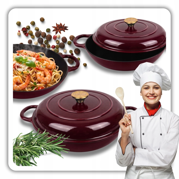 Garnek gourmet profesjonalny żeliwny emaliowany 30 cm wiśniowy czerwony