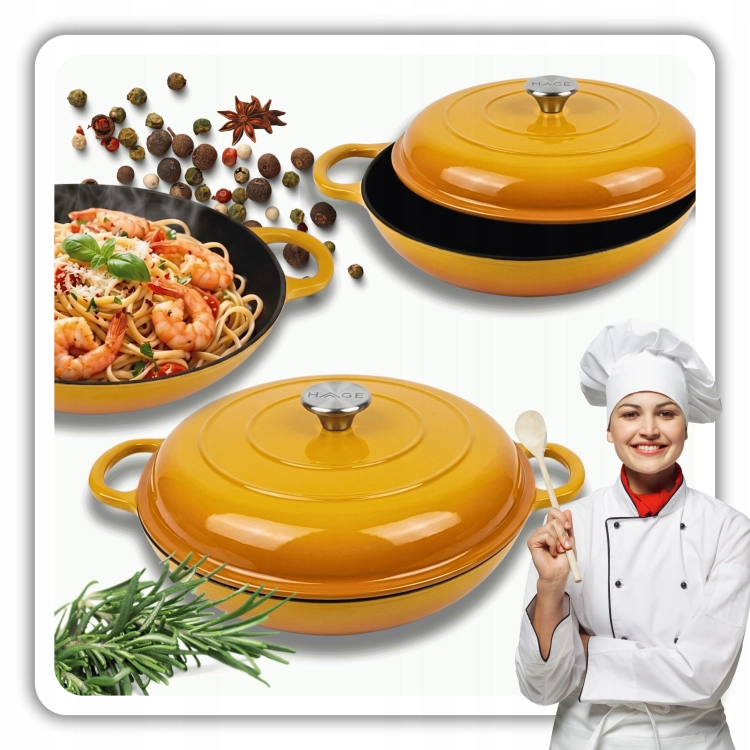 Garnek gourmet profesjonalny żeliwny emaliowany 30 cm musztardowy