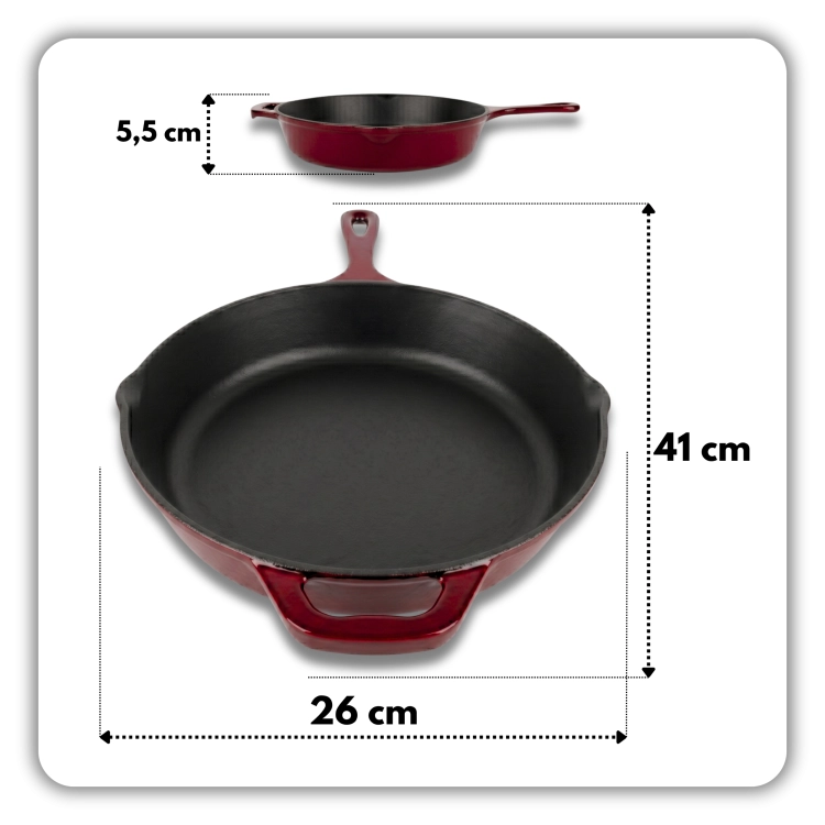 Patelnia żeliwna emaliowana 26cm wiśniowa czerwona high-gloss