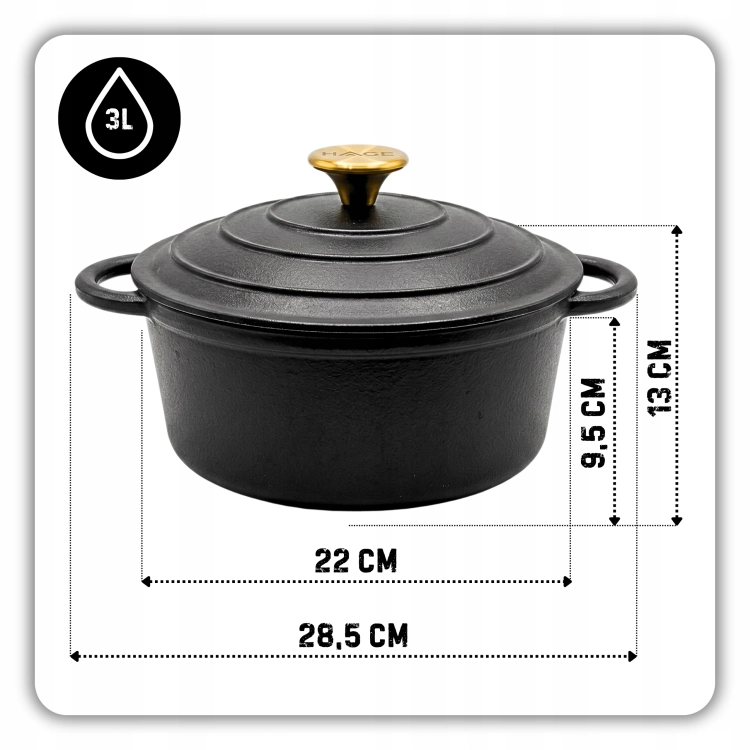 Garnek żeliwny emaliowany 3l czarny mat 22cm