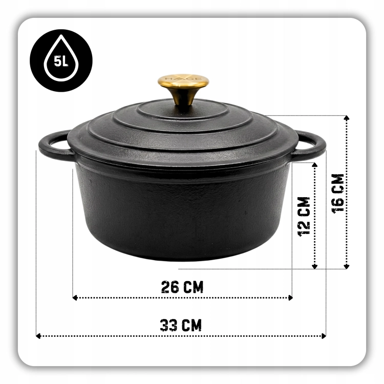 Garnek żeliwny emaliowany 5l czarny mat 26 cm