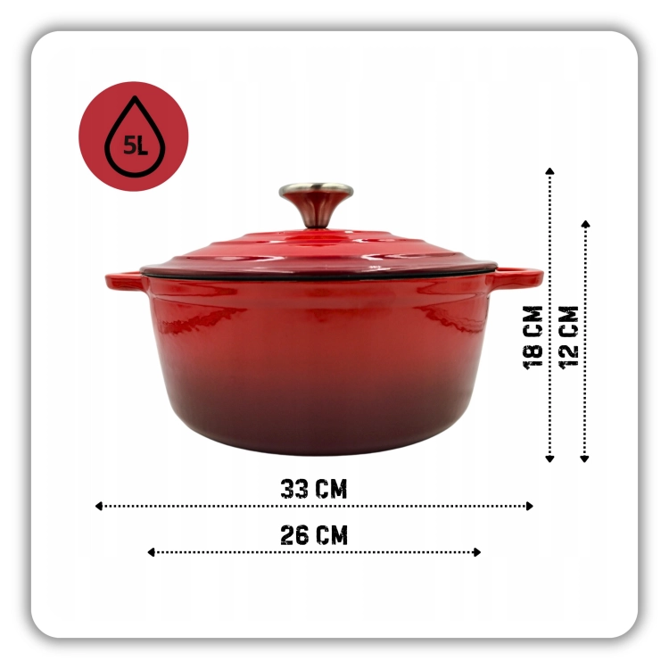 Garnek żeliwny 5l emaliowany czerwony 26cm