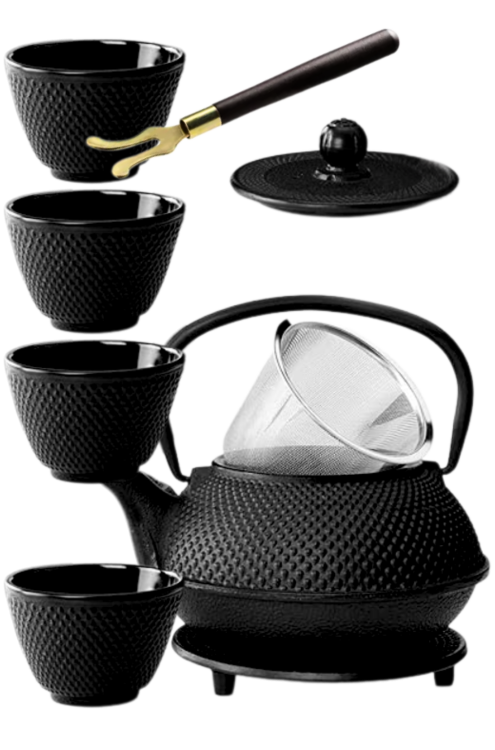 Czajnik żeliwny czarny 900ml z 4 czarkami