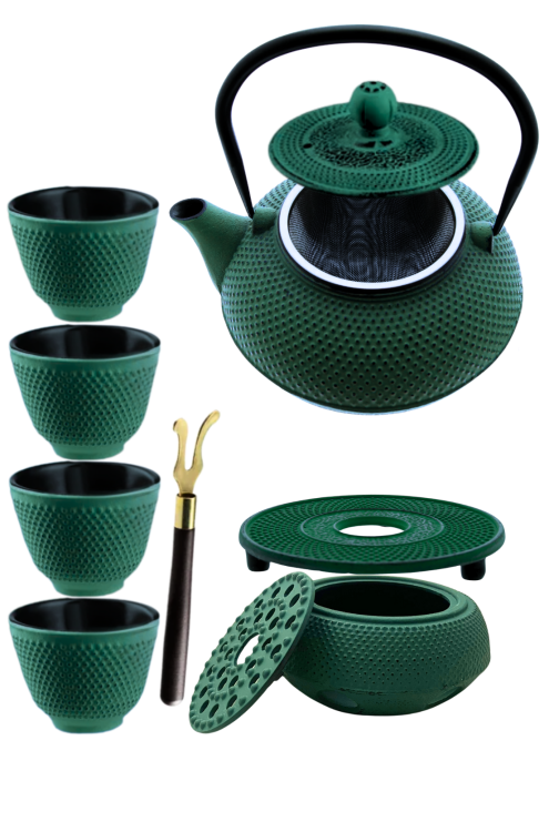 Czajnik żeliwny zielony 900ml z 4 czarkami i podgrzewaczem