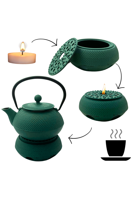 Czajnik żeliwny zielony 900ml z 4 czarkami i podgrzewaczem