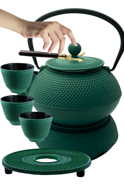Czajnik żeliwny zielony 900ml z 4 czarkami i podgrzewaczem